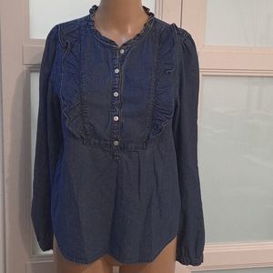 J crew long sleeves bibb ruffled denim shirt size S